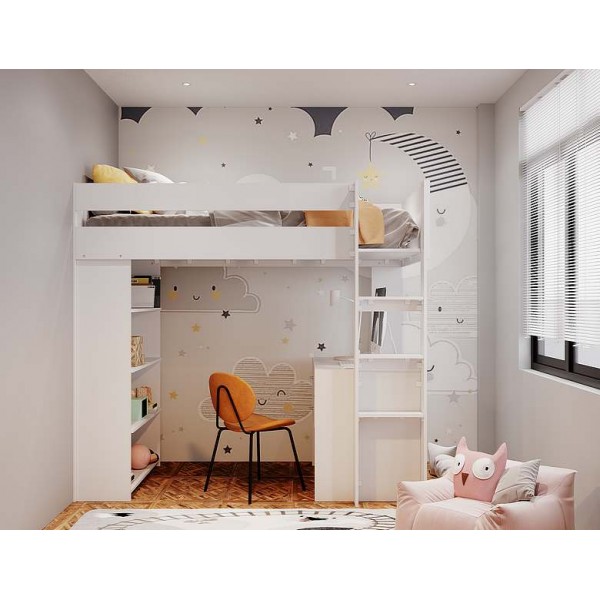 High loft bed with front ladder and integrated 2 drawer work desk